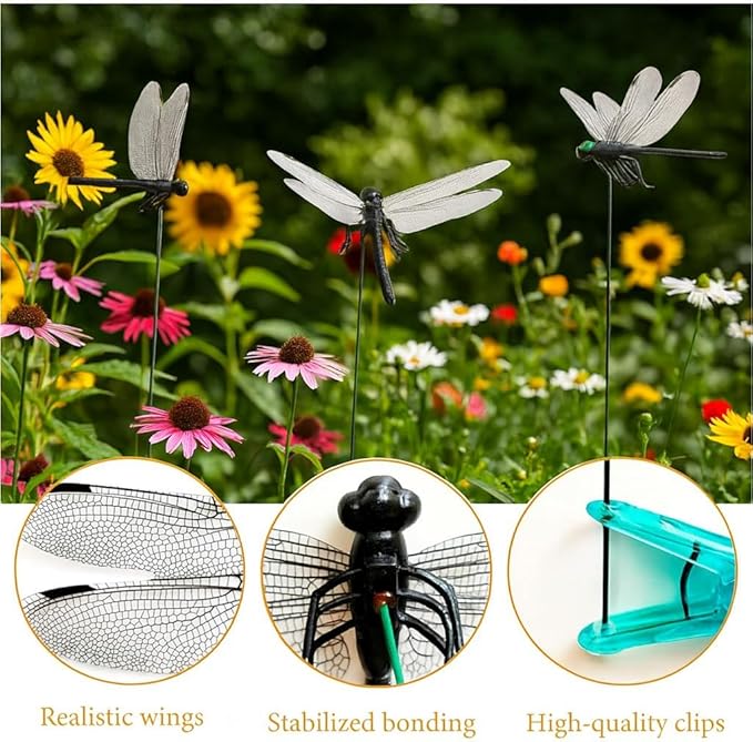 10 Pack Black Dragonfly Hat Clips - 3D Realistic Insect Decor with Metal Stakes for Garden Outdoor Indoor