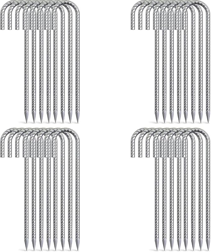 AAGUT Rebar Stakes 12 Inch J Hook Heavy Duty 32 Pack, 3/8 Inch Galvanized Metal Steel Ground Anchors Chain Link Fence Stakes for Camping Tent, Inflatables, Yard Decorations, Canopies & Swing Sets