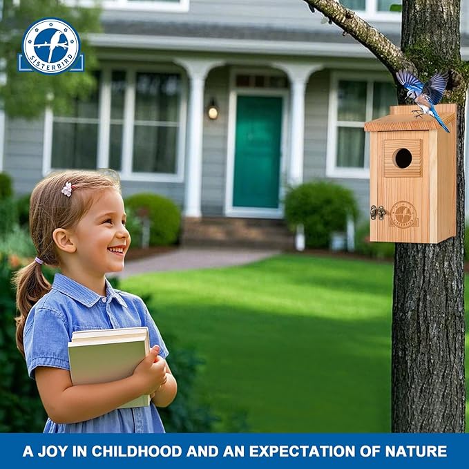 SISTERBIRD Bird Houses for Outside 1-1/2" Entrance Hole Cedar Wild BirdHouses with Wood Guard Outdoor Bluebird Wren Swallow Finch Assembly Required