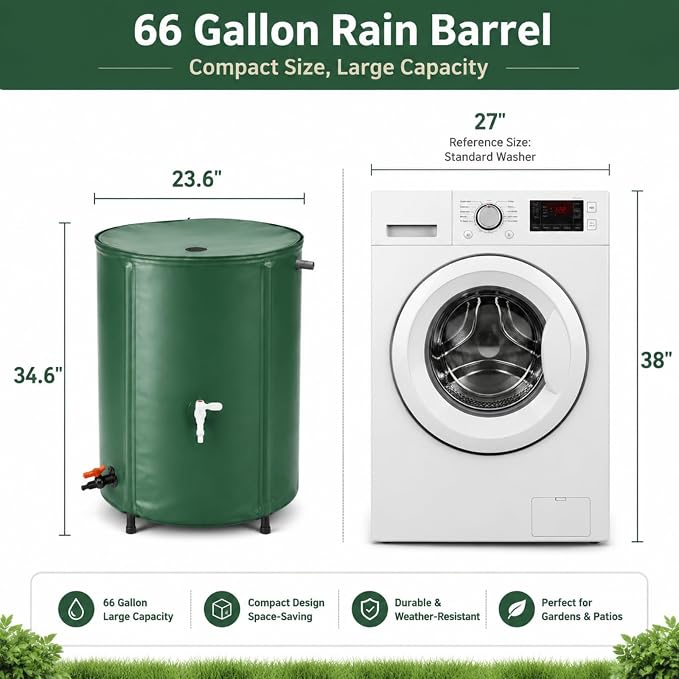 66 Gallon Collapsible Rain Barrel, Portable Rainwater Collection System with Spigot & PTFE Thread Seal Tape, Foldable Water Storage Tank for Garden, Patio & Balcony