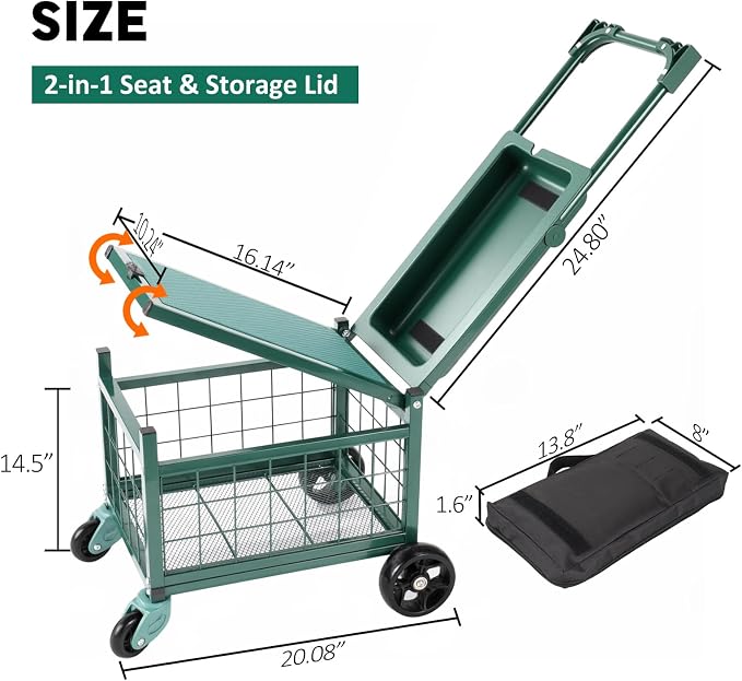 Rolling Garden Work Seat with Wheels, Heavy Duty Gardening Cart with Seat, Garden Stools for Seniors, Outdoor Wagon on Wheels for Lawn, Patio, and Backyard