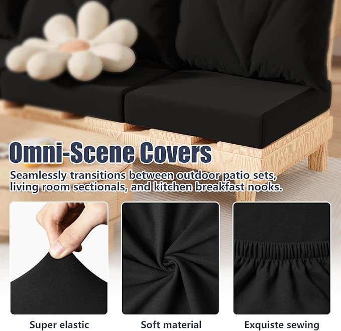 14Pcs Patio Stretch Cushion Covers, Outdoor Couch & Sofa Replacement Slipcovers for Patio Furniture Cushion Covers, Washable Reusable Furniture Protector, Square Large, Black