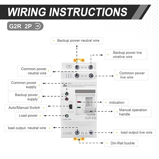 63Amp 220V AC Mini ATS Automatic/Manual Transfer Switch, 2Pole G2R Solar Auto Dual Power Changeover Switch for Home, Din Rail Mounted 50/60Hz CE Certified for Rv, Lv, Cn Public/Backup Power