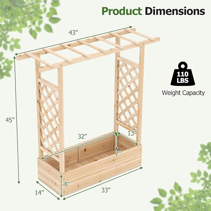 HAPPYGRILL Raised Garden Bed with Trellis & Hanging Roof, 45" Tall Wooden Planter Box with Drainage Holes, Outdoor Wood Elevated Garden Bed for Climbing Plants Vines Vegetables Flowers (Natural,2)