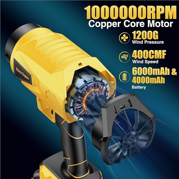 Leaf Blower Cordless with Battery and Charger 1000,000 RPM Handheld Lightweight Patio Cleaning Blower Set Extended Nozzle Design Blowing Leaves and Dust Car Dryer (Yellow)