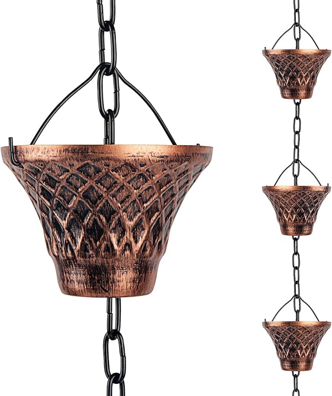 Rain Chains for Gutters Outside 8.5FT Copper Rain Catcher Chain with 12 Cups Decorative Replacement for Downspout