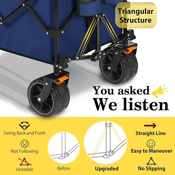 Sekey Extended Collapsible Foldable Wagon with 660lbs Weight Capacity, Heavy Duty Folding Utility Garden Cart with Big All-Terrain Beach Wheels & Drink Holders. Navy Blue