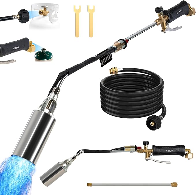 Propane Torch Kit Heavy Duty Weed Burner, 1,800,000 BTU Flame Thrower Gun with Built-in Igniter, with 30" High Flame, 10FT Hose, Detachable Long Reach Torch for Weeds, Ice, Snow, Asphalt