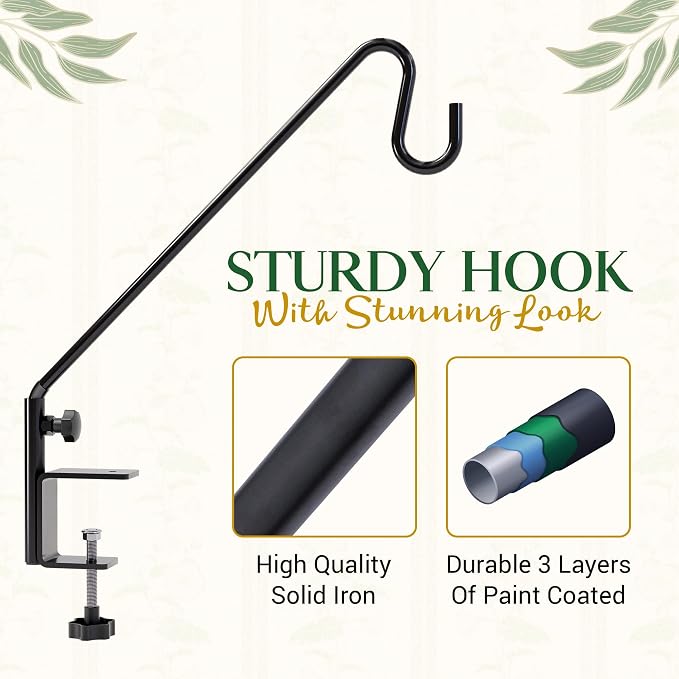 Idzo 18 Inch Railing Hook, Deck Hook for Bird Feeder Pole, Durable 3-Layer Powder Coated Steel, Shepherds Hooks for Outdoor, 360° Rotation, Sturdy Deck Railing Bracket for Hanging Decorations, 2 Packs