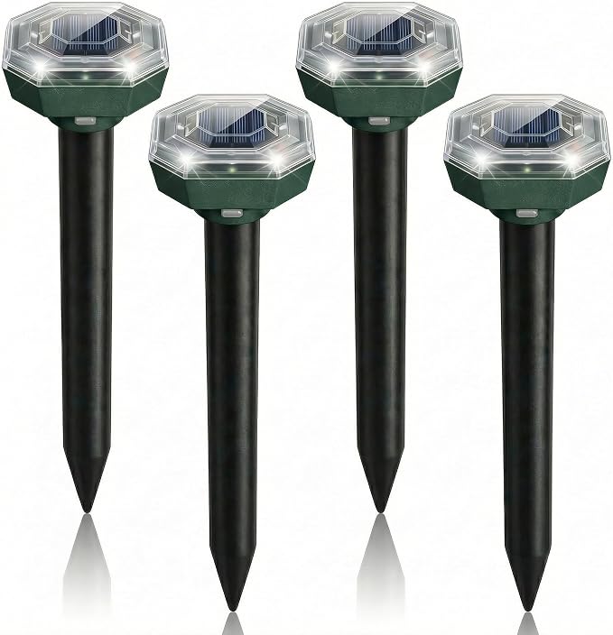 Mole Repellent Solar Powered, 4 Pack Ultrasonic Gopher Repeller, Waterproof Outdoor Pest Repellent for Moles, Gophers, Voles, Skunks in Yard, Lawn, and Garden