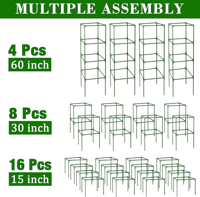 ZeeDix 4 Pack Tomato Cages for Garden 60 Inches, Heavy Duty Square Adjustable Tomato Trellis Cage Climbing Plant Support Trellis Plant Cages for Climbing Vegetables Flowers with 40Pcs Clips