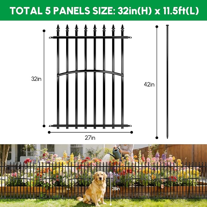 Metal Garden Fence 32in H x 27in W (5 Panels, Total Length 11.5ft), No Dig Animal Barrier Fence for Dogs, Heavy Duty Tube Decorative Garden Edging Border, Outdoor Rustproof Landscape Fencing for Yard