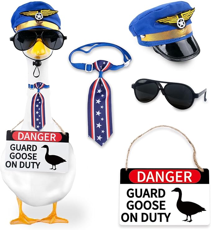 CAMDUCK 4 Pcs Porch Goose Accessories Porch Goose Sign Air Force Hat Eyeglasses Necktie Wooden Danger Guard Goose on Duty Warning Sign Goose Outfits Decor for Yard Porch Lawn