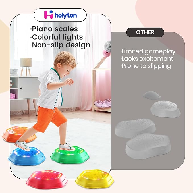 Holyton Light Up Musical Stepping Stones for Kids, 5 Pack Sensory Balance Stepping Stones with Rechargeable Batteries, Non-Slip Toddler Stepping Stones for Ages 3-8, Indoor Outdoor Active Play Toy, Red