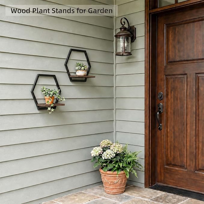 2 Pack Walnut Color Solid Wood & Metal Framework Wall Plant Stands,9 inch Natural Wood Shelf of Indoor,Mid Century Modern Hanging Planter for Outdoor Entryway 25 LB Load for Plants Black
