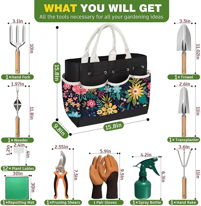 22Pcs Gardening Tools Set for Women Heavy Duty Garden Hand Tool Kit Garden Gifts for Mothers Day Mom Beginner Gardening Accessories with Tote Bag/Shovel/Repotting Mat/Plant Labels/Gloves-Black