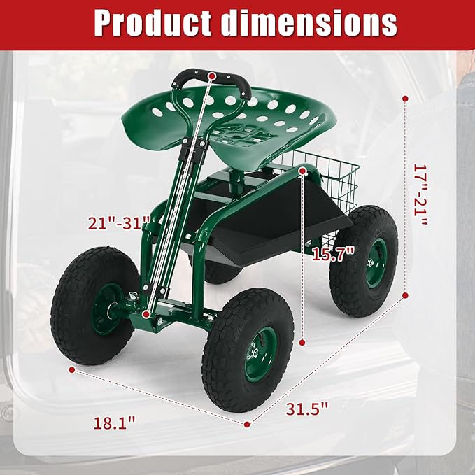 Garden Cart Rolling Workseat with Wheels, 360° Swivel Gardening Stool, Extendable Steering Handle & Utility Tool Tray, 10-Inch Inflatable Tires, Reinforced Steel Construction for Patio, Yard, Outdoor