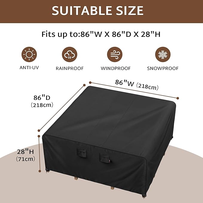 iBirdie Outdoor Patio Furniture Set Covers 86 x 86 inch Waterproof Weatherproof Square Cover, Heavy Duty 600D for Outside Dining Table and Chairs fit 7 x 7 ft, 85 x 83, 84 x 84 inch