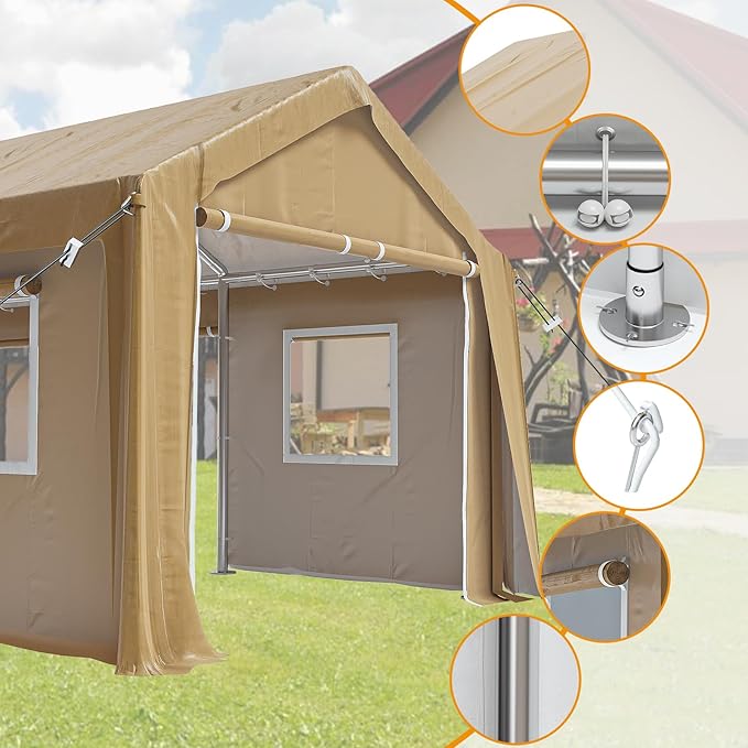 12x20FT Heavy Duty Carport Canopy 4 Roll-Up Doors & 4 Windows Portable Garage All-Season Outdoor Storage Shed for Car Truck Boat Shelter Party Tent, Yellow