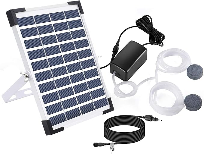 5W Battery Backup Solar Air Pump Bubbler for Koi Pond, 24-72 Hours Output, 20 ft Extension Cable, 3 Modes, 22.2GPH, Hose Bubble Stone, Solar Aerator Oxygenator for Backyard Hydroponic Tank