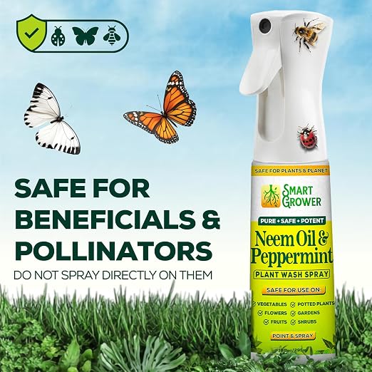 Neem Oil Spray for Plants with Peppermint Oil, Refillable Combo Pack Continuous Sprayer 10oz + 4oz Concentrate Refill – Makes 6 Bottles, Natural Plant Wash for Indoor & Outdoor Plants – Smart Grower