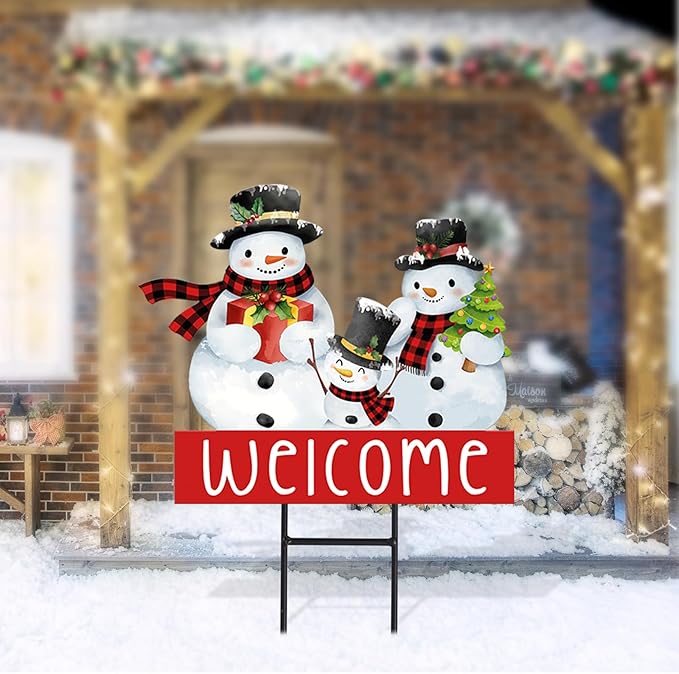 Whaline Christmas Metal Garden Stake Welcome Yard Sign Watercolor Snowman Family Decorative Lawn Sign for Winter Xmas Holiday Home Outside Lawn Porch Walkway Decor