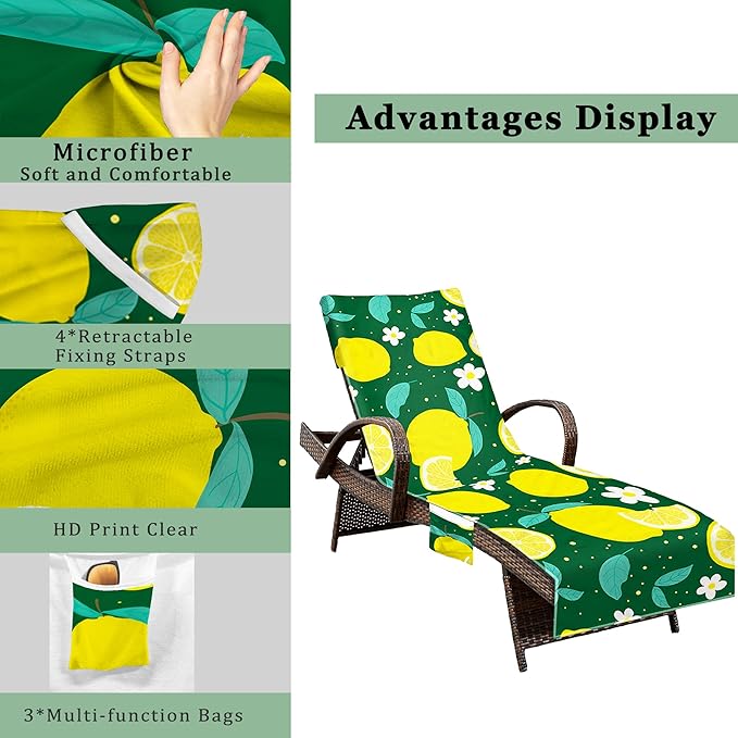Lounge Chair Towel Cover, Beach Chair Cover (Pack of 2), Pool Lounge Chair Covers for Outdoor,Garden, Beach,Sun Lounger,Hotel Pool,Large Size and No Sliding, 85" X 30", Yellow Lemon