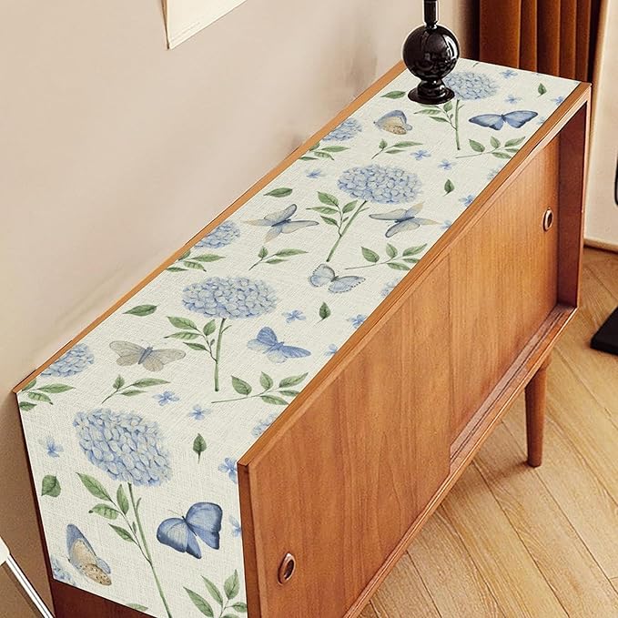Blue Hydrangea Table Runner, Rustic Boho Watercolor Floral Spring Summer Seasonal Flower Butterfly Farmhouse Coffee Table Center Decor for Family Kitchen and Dining Party Table Decorations, 13"x72"