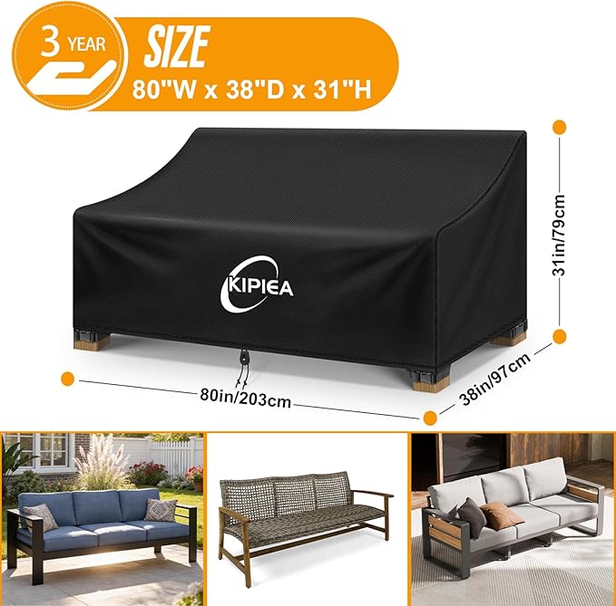 Kipiea Patio Sofa Cover, Heavy Duty Outdoor Couch Covers Waterproof Winter, 3-Seat Patio Furniture Cover Loveseat, Outdoor Sofa Covers with Anti UV and No Tears, No Fading (80"W x 38"D x 31"H)