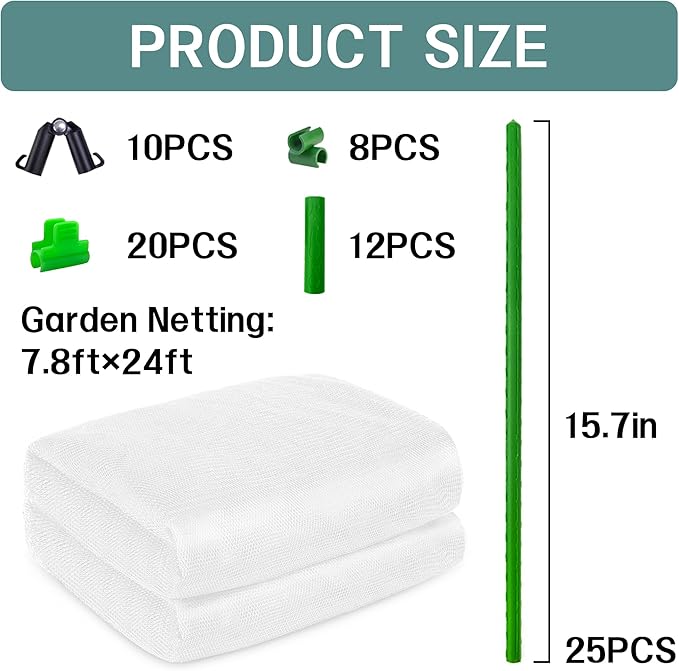 U0U Garden Mesh Netting Kit,Garden Netting Kit for Raised Beds,7.8 x 24 Ft Ultra Fine Mesh Net with Garden Hoops,Bird Netting Protection for Vegetable Plants Birds Animals Protection (White)