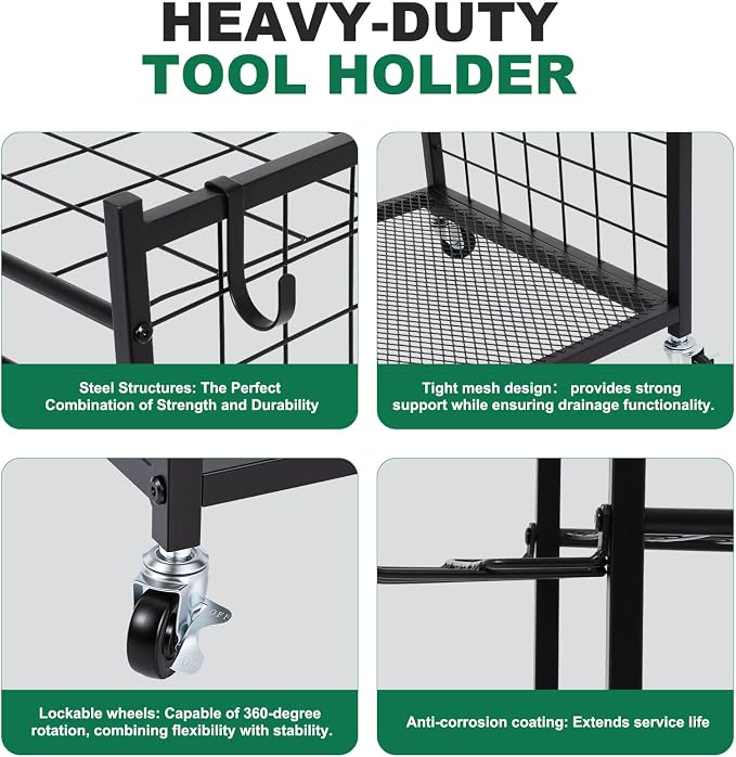 FAHKNS Garden Tool Organizer Rolling Cart, Heavy Duty Garden Tool Storage Rack