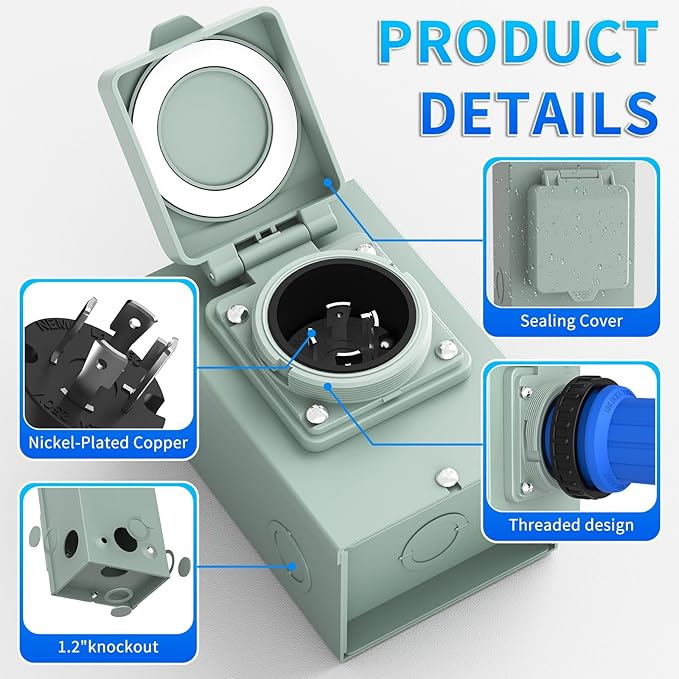 BEBOBLY Generator Inlet Box, 30 Amp NEMA L14-30P Power Inlet Box for 4 Prong Generator Cord, 7500W 125/250V Receptacle for Outdoor Use, Generator Accessories,Weatherproof, ETL Listed