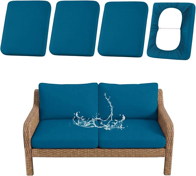 hyha Waterproof Outdoor Cushion Covers for Patio Furniture, Stretch Patio Chair Cushion Slipcovers, Coated UV Resistant Replacement Seat Covers, Solid Color (Peacock Blue, 4PC)