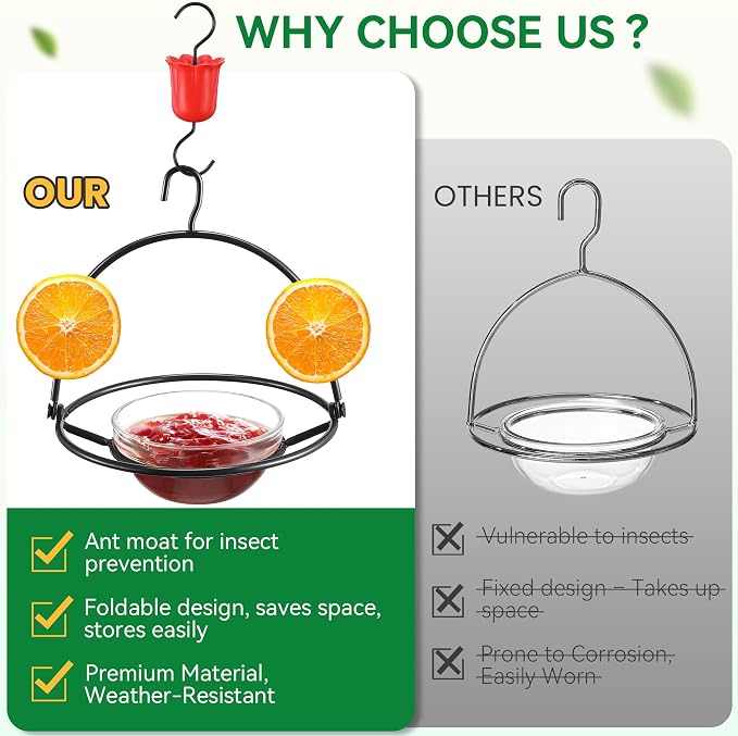 2 Pack Metal Oriole Feeders for Outdoors Hanging with Ant Moat and Fruit Holder, Oriole Feeder with Glass Bowl, Easy to Disassemble and Wash, Bird Feeder for Garden, Outdoor, Gift(Black)