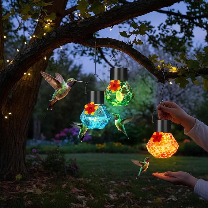 Nuogo 3 Pcs 3.54 Inch Blown Glass Hummingbird Feeders Solar Powered Hummingbird Feeder with LED Light for Garden Outdoors Window Decor Valentine Hanging Gifts Ant and Bee Resistant (Color C,Novel)