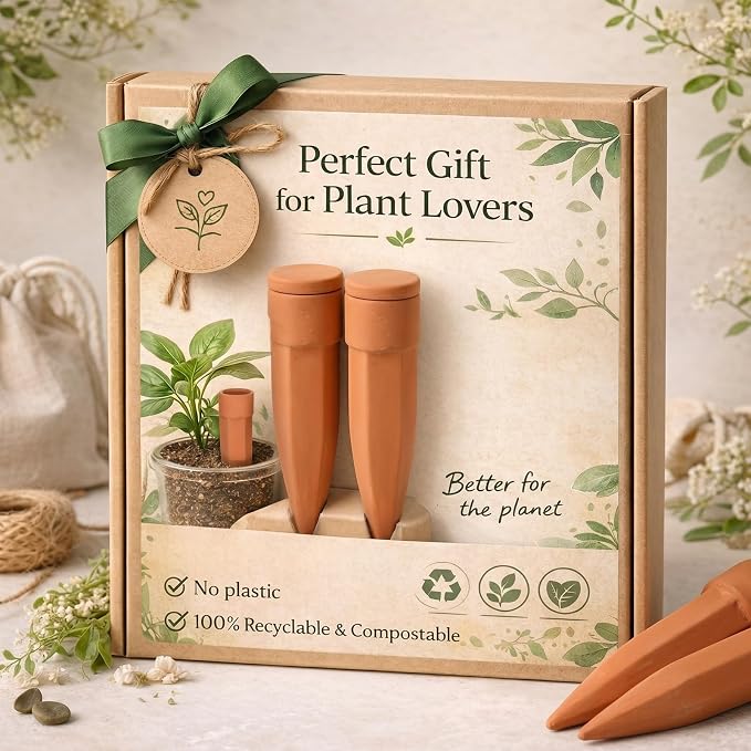 Honeydak 6pcs Medium Terracotta Watering Spikes with Lids 5'' Automatic Plant Waterer Self Watering Stake Planter Insert Slow Release Device for Bottles 5-9'' Pot Plants Indoor Outdoor Garden Vacation
