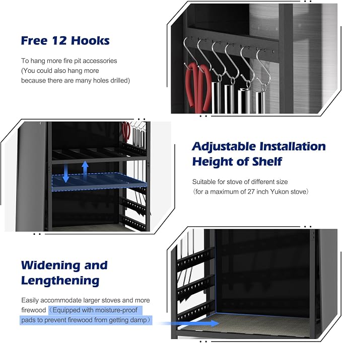 Storage Station for Solo Stove Bonfire, Yukon, Ranger, Firewood Rack Outdoor with Cover, Storage Rack for Fire Pit Accessories, with Waterproof Cover, Adjustable Shelf, Iron Black