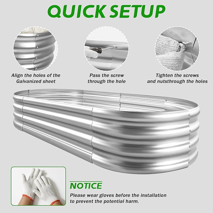 RAYKEEP Galvanized Raised Garden Beds, 4x2x1ft Outdoor Raised Garden Boxes, Oval Large Bottomless Metal Elevated Garden Bed Planter Box for Vegetables, Fruits, Flower