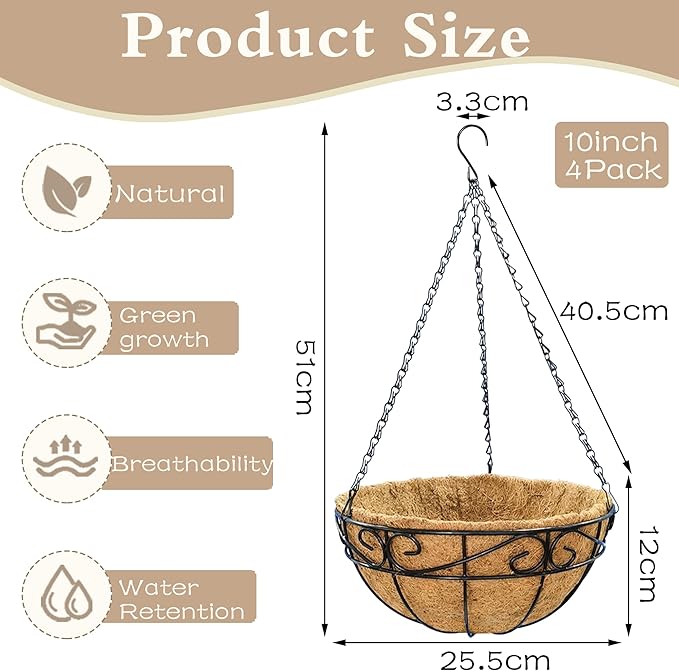 EIMQUVW Outdoor Metal Hanging Planters Basket (4pack, 10 inch) Hanging Baskets for Plants Chain Round Wire Plant Holder with Coco Fiber Liners for Garden, Patio, Deck, Porch(Flower Border)