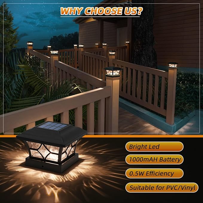 APONUO 4x4 Solar Post Cap Lights 16 Pack - 6x6 Post Cap Solar Light, 2-Mode, IP64 Waterproof, Post Lights Solar Powered for 4x4 5x5 6x6 Wood/Vinyl Posts, Black