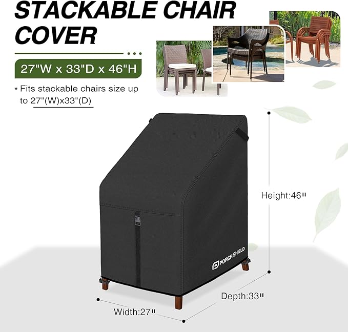 Porch Shield Patio Stackable Chair Covers - Waterproof Outdoor Stack of Chair Cover - 27W x 33D x 46H inch, Black