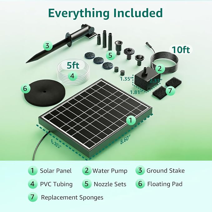 Solar Fountain Pump with Battery Backup, 7.5W Solar Water Pump Built-in 3000mAh Battery, Dual-Layer Nozzles 7+ Spray Modes & 5Ft PVC Tubing, Pond Fountain for Bird Bath Garden Water Feature