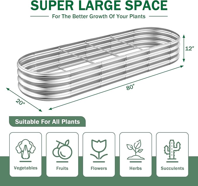RAYKEEP 2pcs 7x2x1FT Raised Garden Beds Outdoor Kit, Galvanized Oval Planter Box, Metal Bottomless Elevated Garden Boxes Set for Planting Vegetables, Fruits, Flowers
