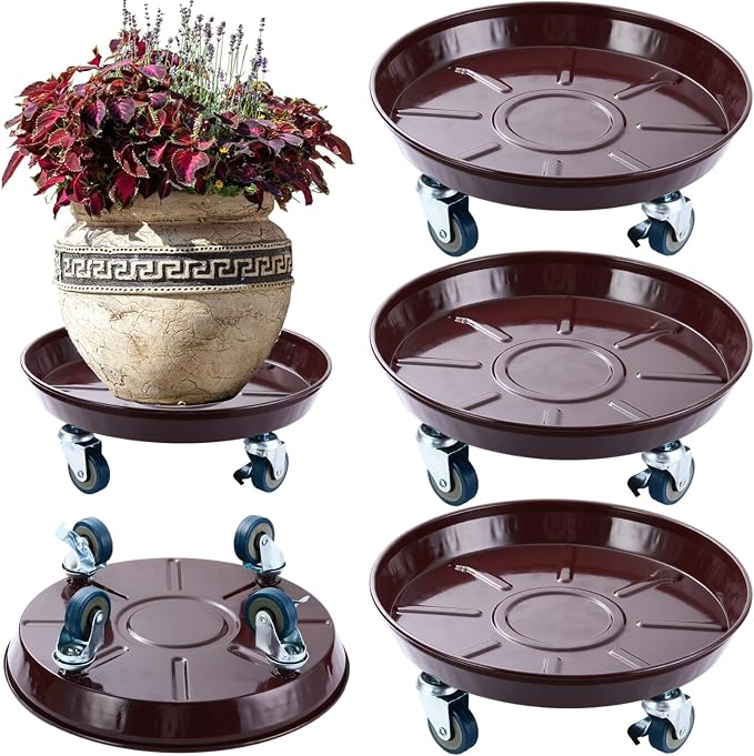 Planterhoma 3 Packs 13 inches Metal Plant Caddy with Wheels Large Rolling Plant Stand Heavy-Duty Iron Plant Dolly Casters for Indoor Outdoor Flower Pot Mover Roller Coasters, Dark Coffee