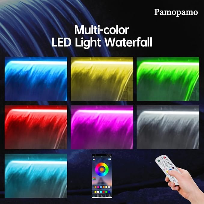 Pamopamo Pond Waterfall Spillway, APP Control Multi-Color LED Light Outdoor Pool Fountain, Acrylic Water Spillway Koi Fountains Kit for Garden Patio Swimming Pool Decoration - 23.6"x7.8"x3.9"