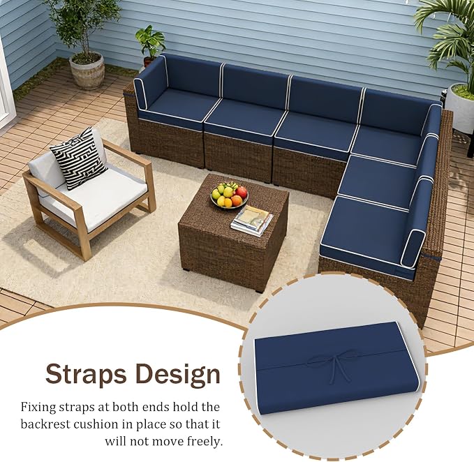 14 Piece Outdoor Furniture Replacement Cushions, Cover+Filling, 25.6" x 25.6" x 4" Foam Waterproof Outdoor Sofa Cushion Sets, Fit Wicker Rattan Sectional Conversation Set,Navy Blue+white Piping