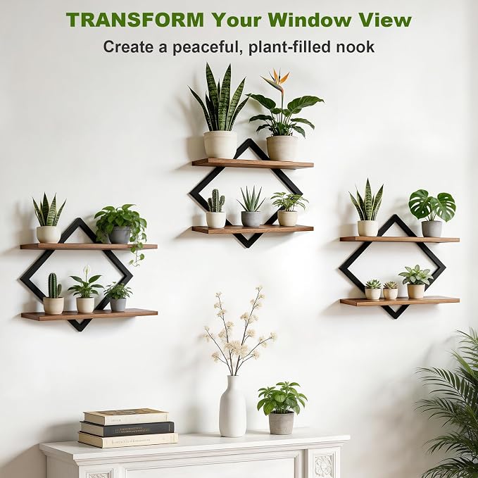 Set of 3 Floating Wall Shelves for Plants, Brown | Wall Planters for Indoor Plants, Wall Plant Holder, Plant Stand for Small Plants, Window Plant Hanging
