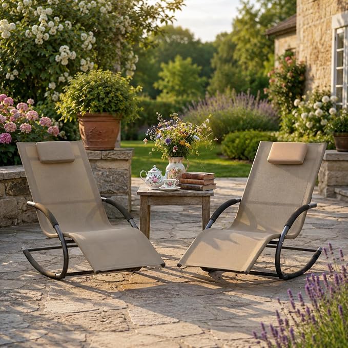Garvee Outdoor Lounge Chair, Rocking Chair, Lounge Chair Recliner with Detachable Pillow for Patio, Lawn, Pool, Outdoor Home Furniture, Brown