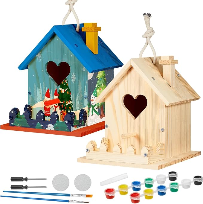 Juexica 2 Pack DIY Birdhouse Kits for Kids Ages 6+ Build and Paint Wooden Bird House Arts and Craft Project with Paint Strips Brushes for Boy Girl Adult Classroom Indoor Outdoor Crafts (Love Shaped)