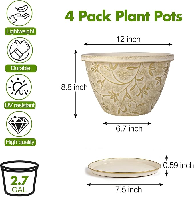 Nooulap 12 Inch Pots for Plants with Drainage, Large Plastic Flower Pots Outdoor Indoor, Decorative Planters with Gold Flower Pattern for Home, Porch, Balcony & Garden (Beige)